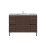 A modern bathroom vanity cabinet with a dark brown wood grain finish, featuring a white integrated sink and a tall chrome faucet, shown against a plain white background.