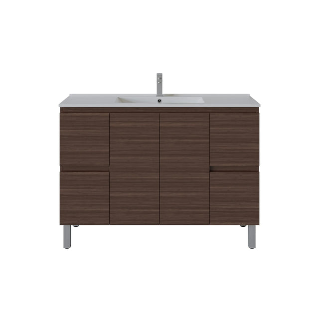 A modern bathroom vanity cabinet with a dark brown wood grain finish, featuring a white integrated sink and a tall chrome faucet, shown against a plain white background.