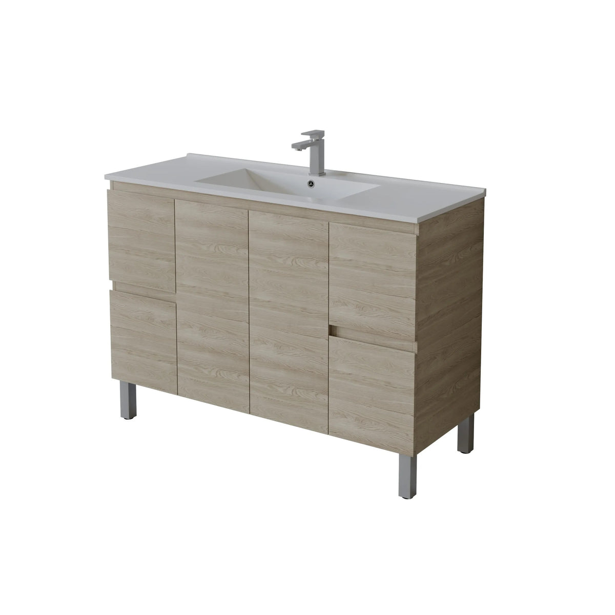 A modern bathroom vanity cabinet with a light oak wood grain finish, featuring a white integrated sink basin and a chrome faucet, shown on a plain white background.