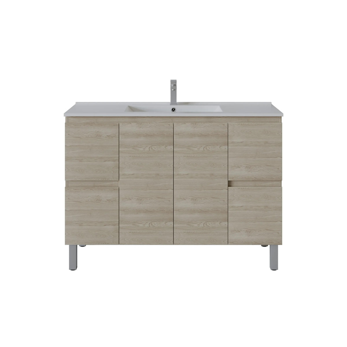 A modern bathroom vanity cabinet with a light oak wood grain finish, featuring a white integrated sink and a tall chrome faucet, set against a plain white background.