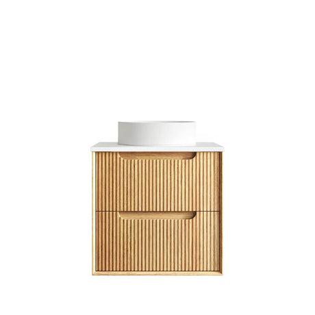 Wooden vanity with white countertop on a white background