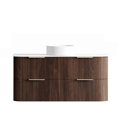 Wooden bathroom vanity with white countertop on a white background
