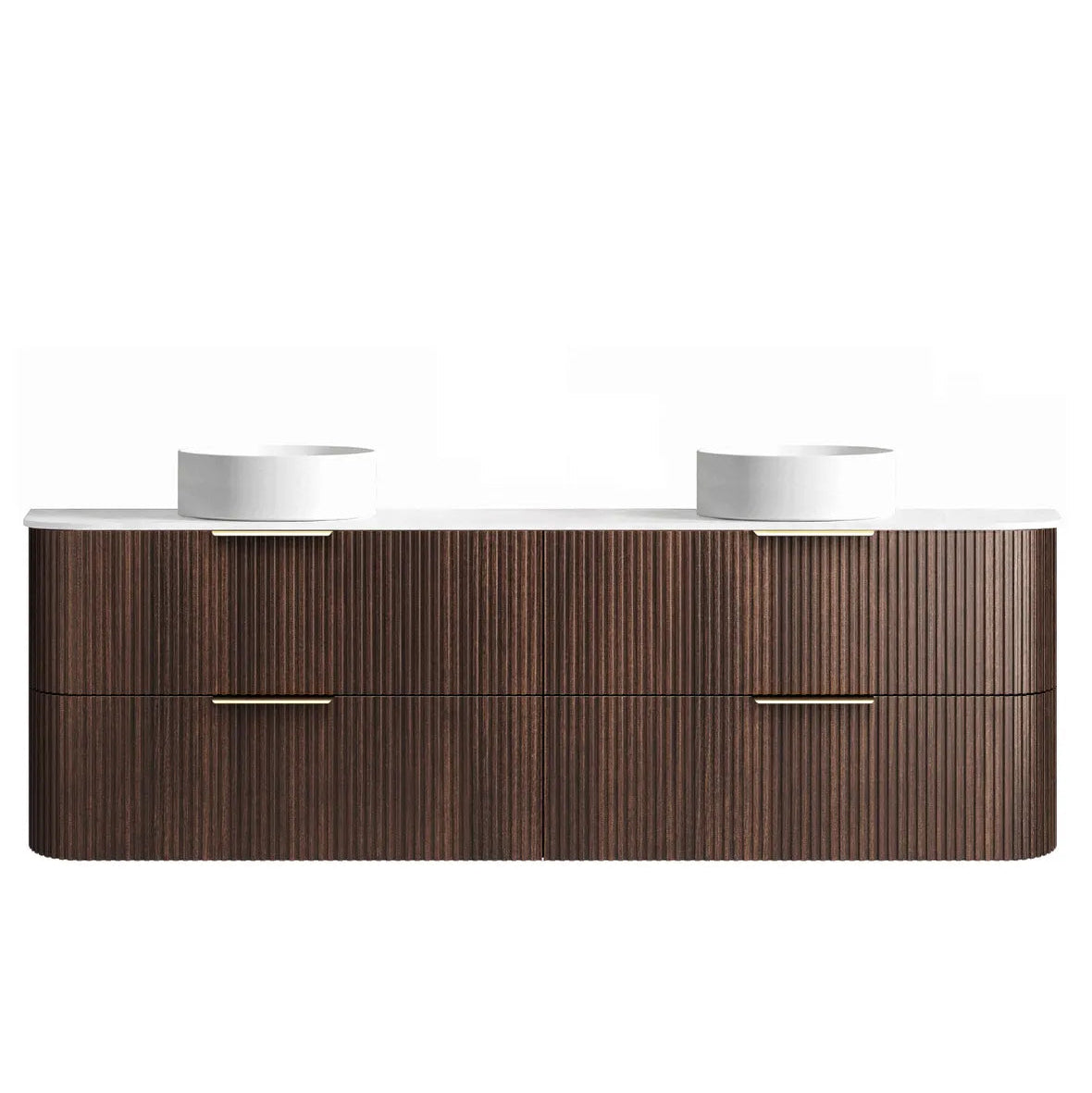 Bathroom vanity with two sinks on a white background