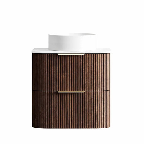Wooden bathroom vanity with white countertop on a white background