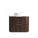 Bathroom vanity with wooden finish and white countertop on a white background