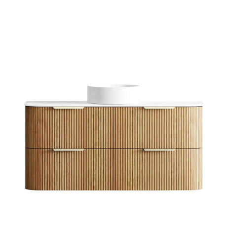 Wooden bathroom vanity with white countertop on a white background
