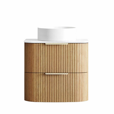 Wooden bathroom vanity with white countertop on a white background
