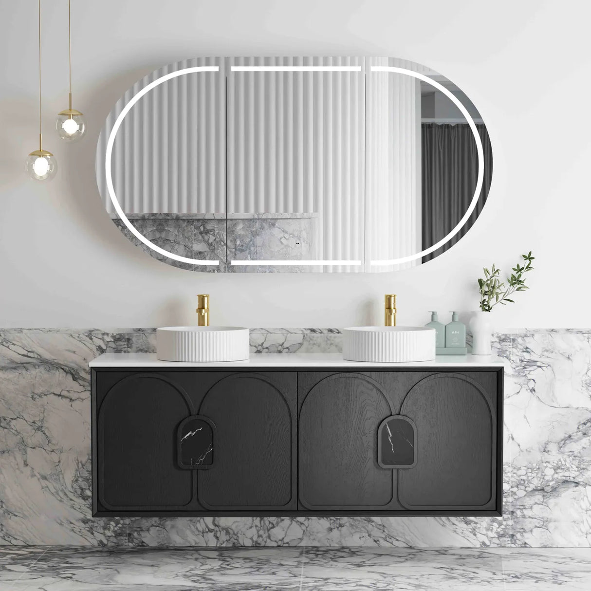 Bathroom vanity with black cabinet, white countertop, and round mirror with lights.