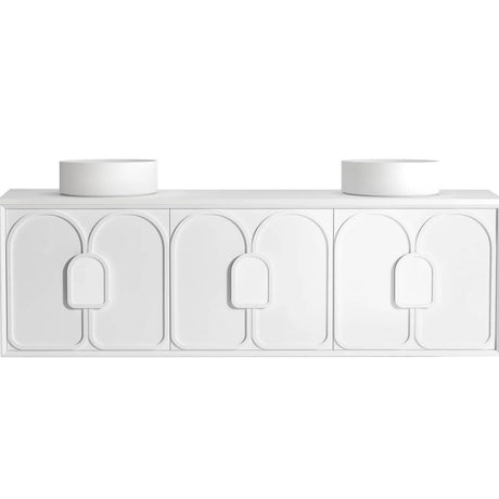 White wall hung vanity  with arch designs on a white background