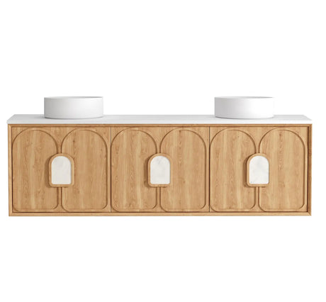 Wooden vanity with two white sinks on a white background