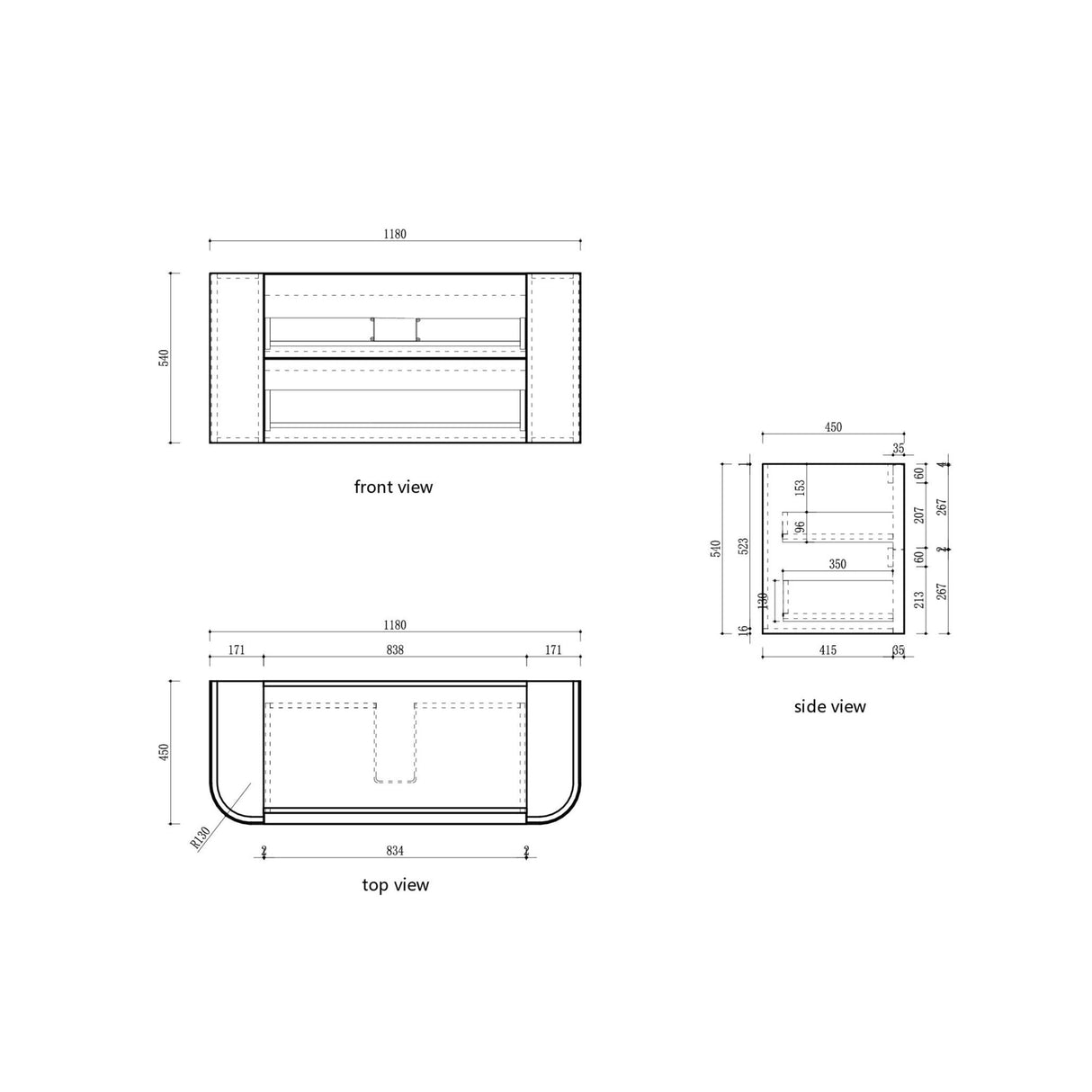 Ramee 1200mm Matte White Wall Hung Vanity - Fluted drawing
