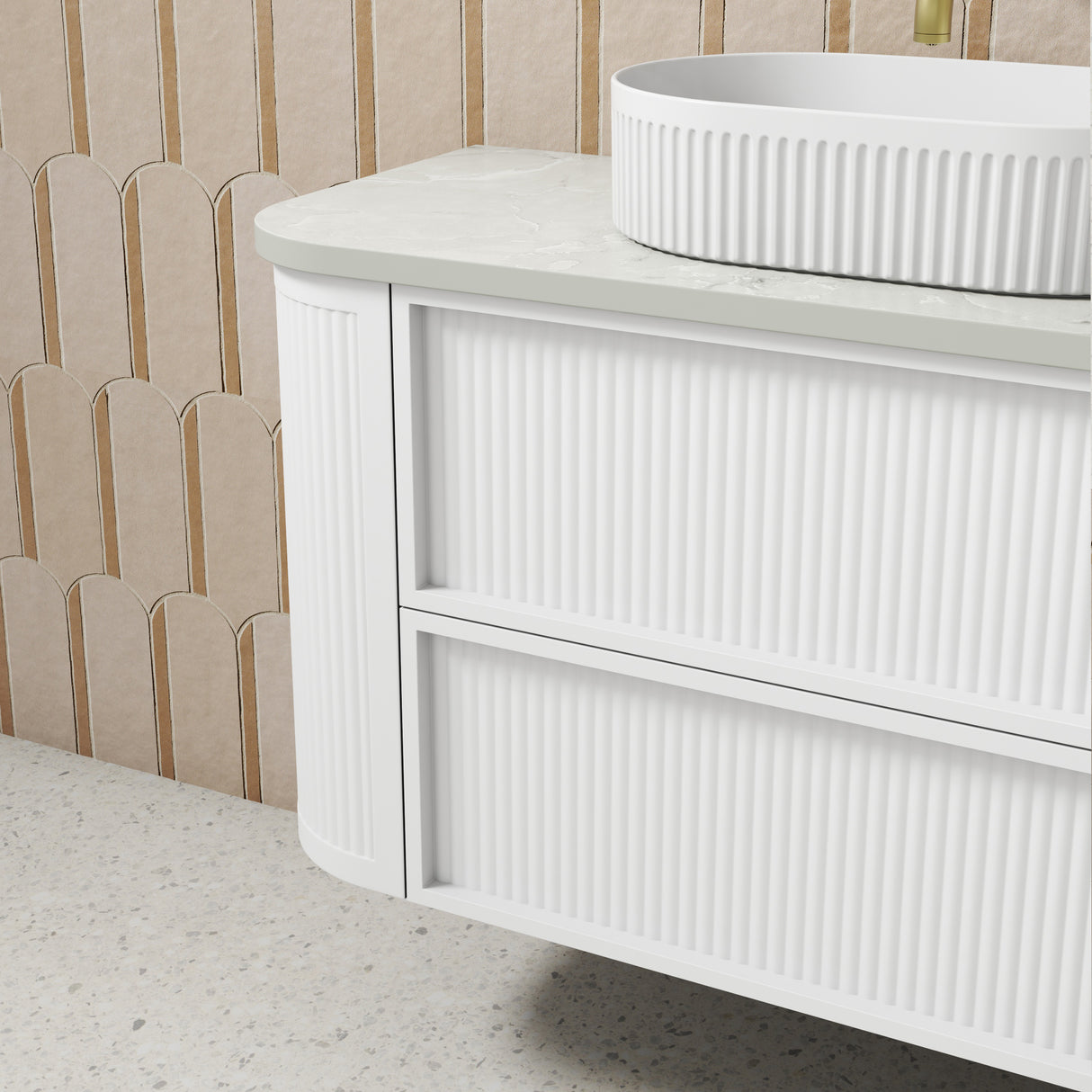 wooden design of Ramee 1800mm Matte White Wall Hung Vanity - Fluted