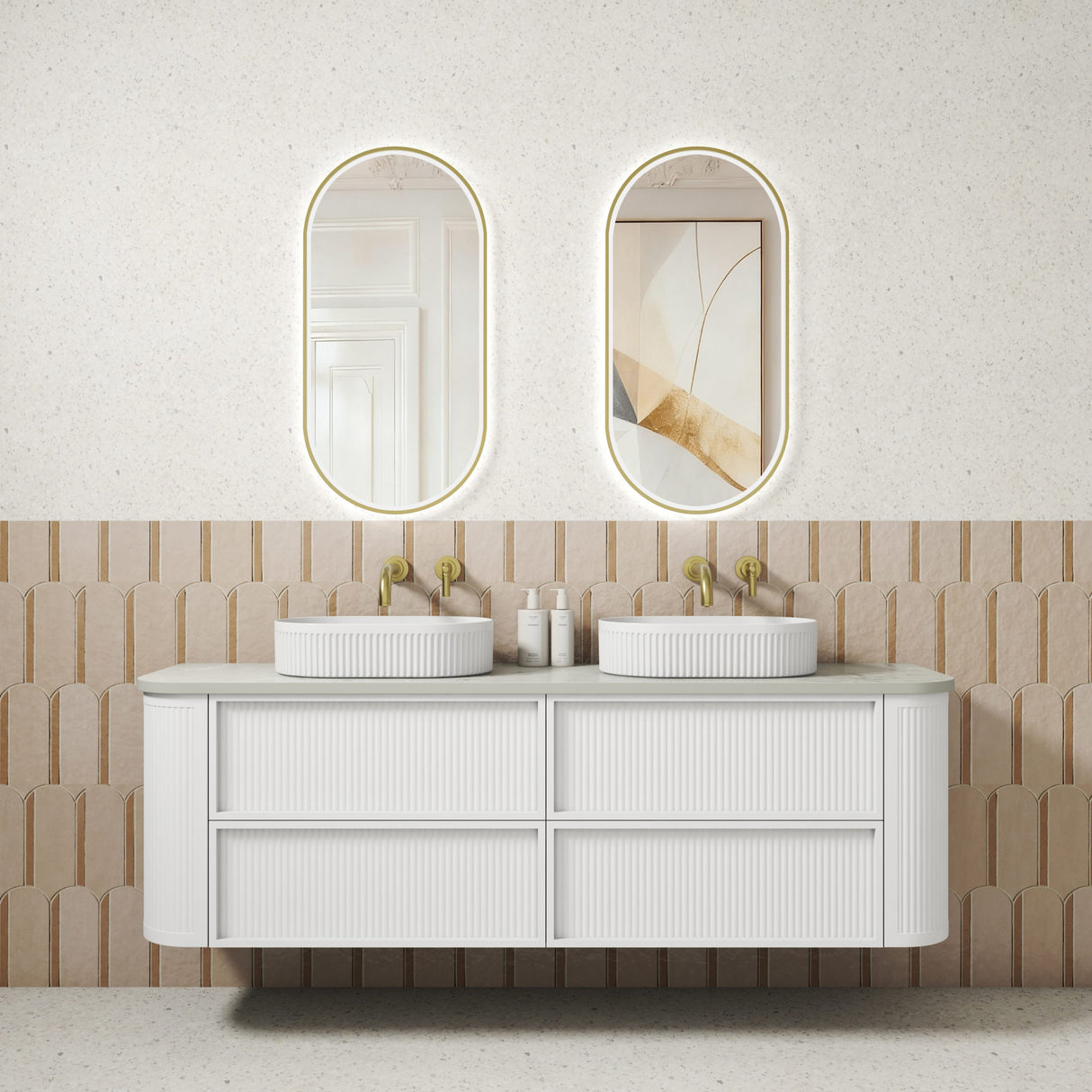 Ramee 1800mm Matte White Wall Hung Vanity - Fluted front view