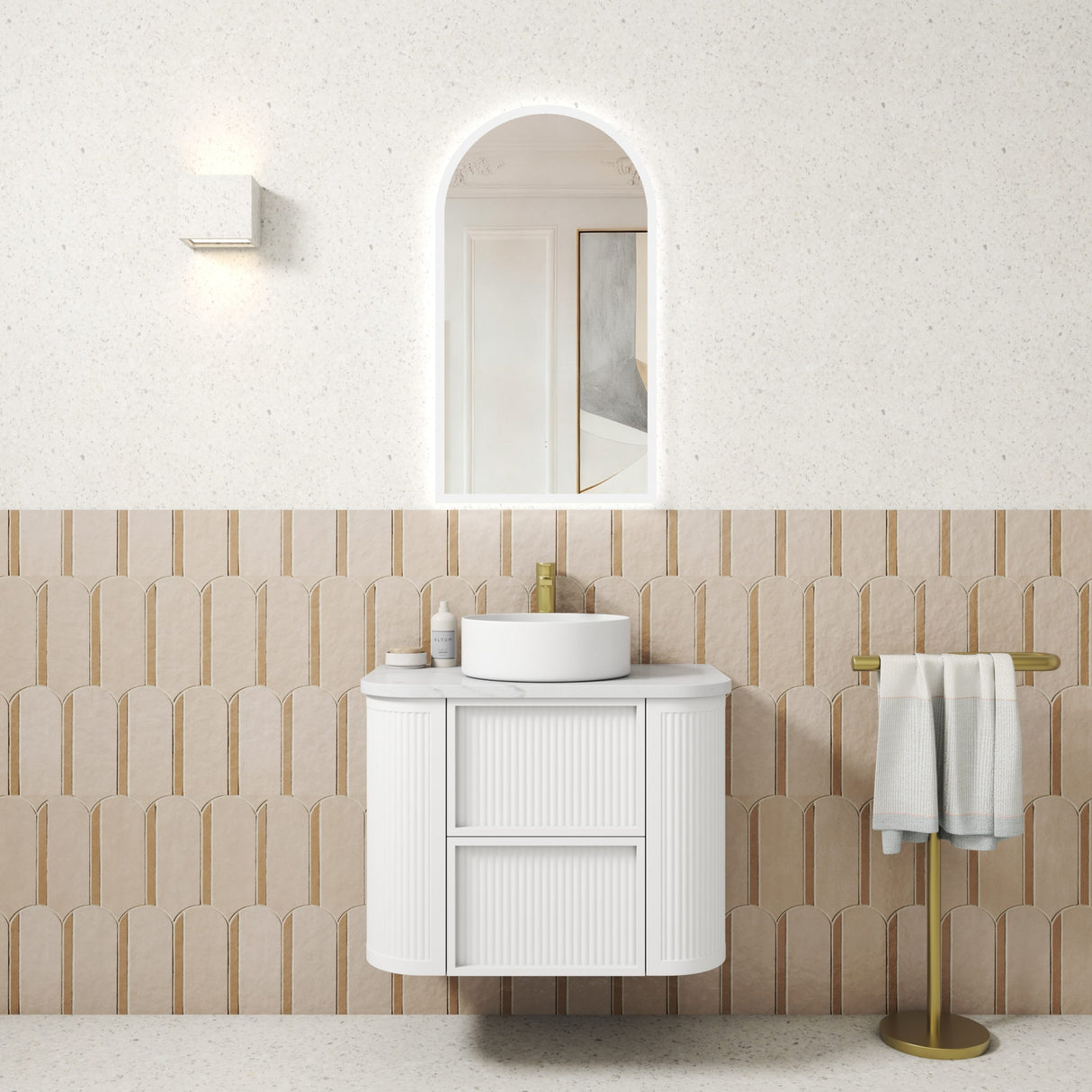 Ramee 750mm Matte White Wall Hung Vanity - Fluted front view