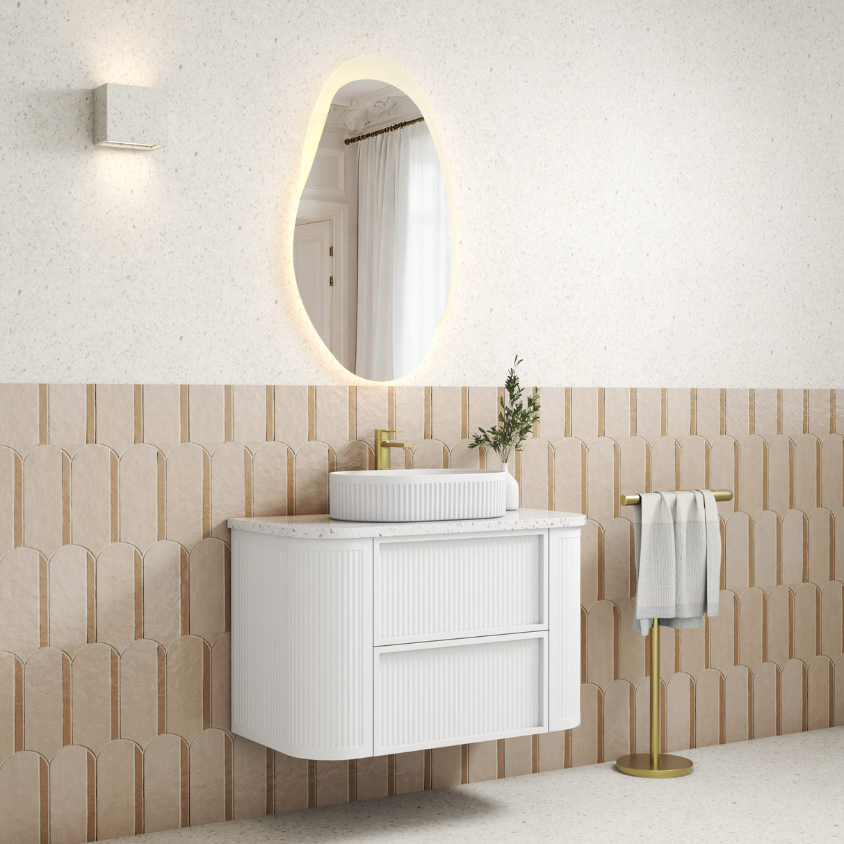 Ramee 900mm Matte White Wall Hung Vanity - Fluted side view
