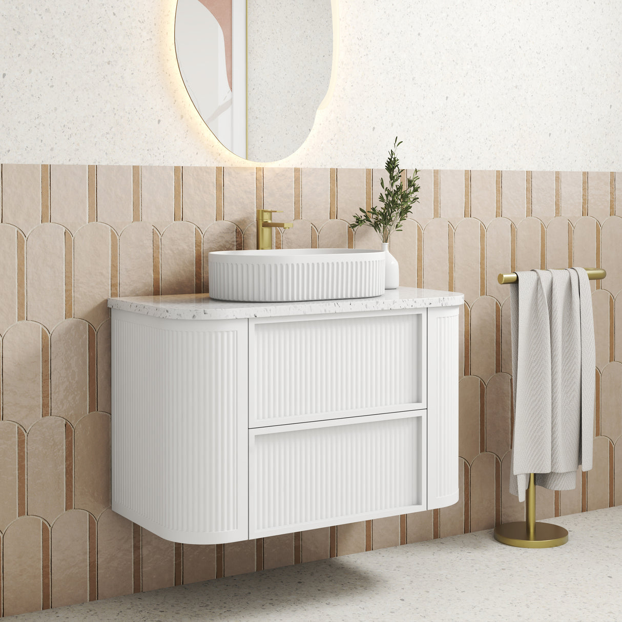 Ramee 900mm Matte White Wall Hung Vanity - Fluted side view
