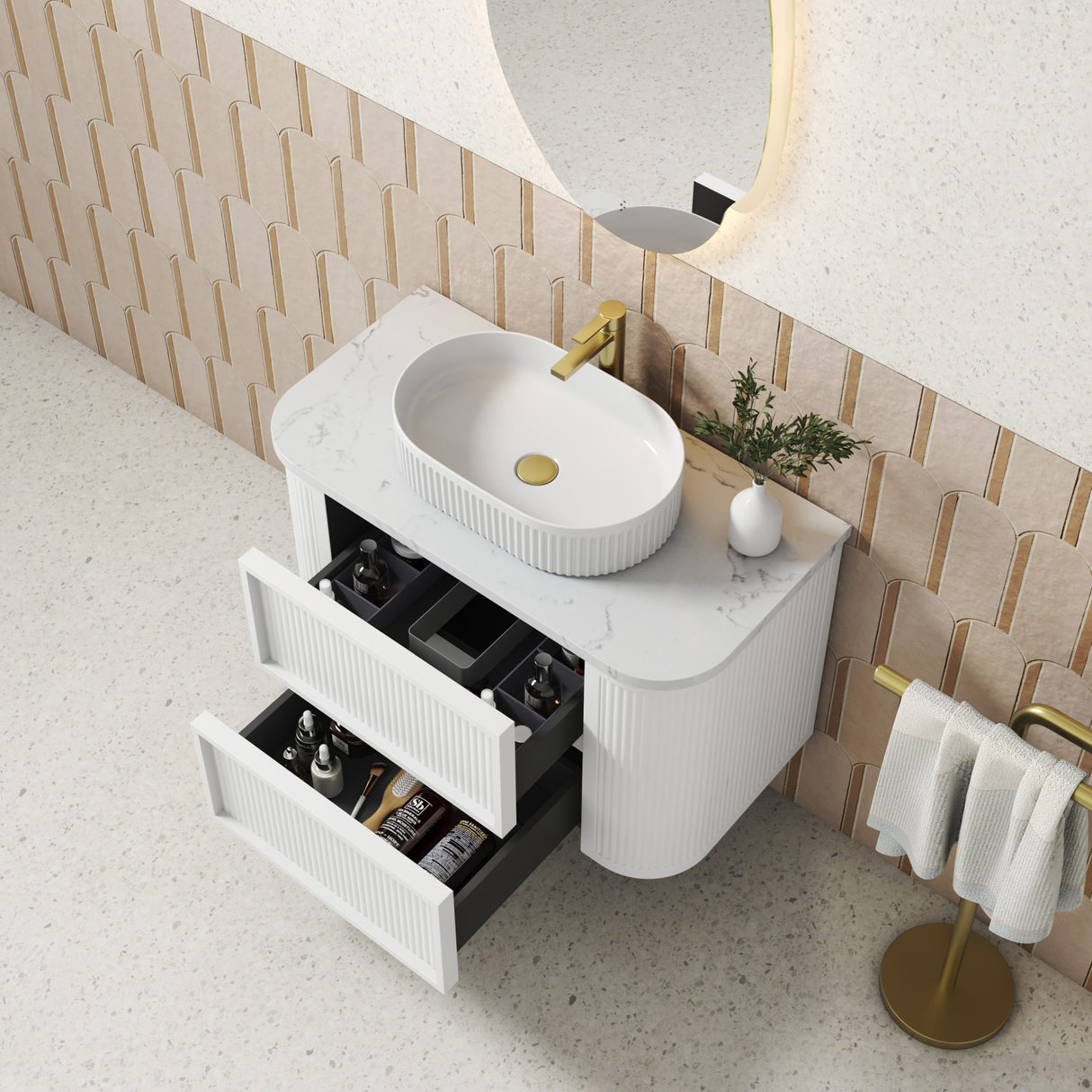 Ramee 900mm Matte White Wall Hung Vanity - Fluted top view