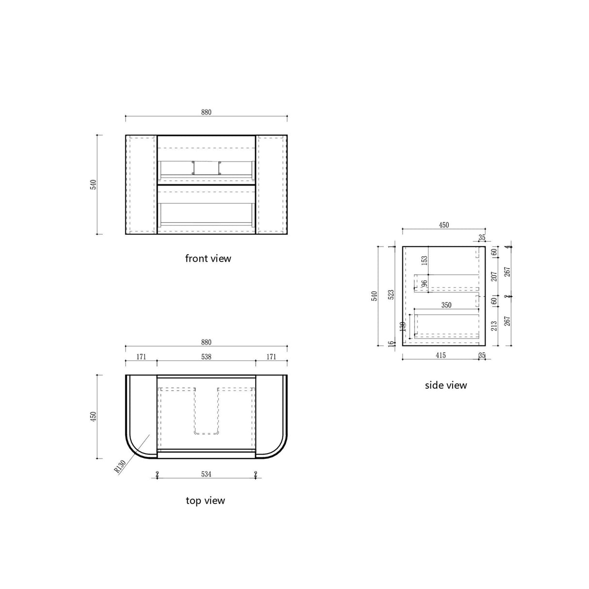 Ramee 900mm Matte White Wall Hung Vanity - Fluted drawing
