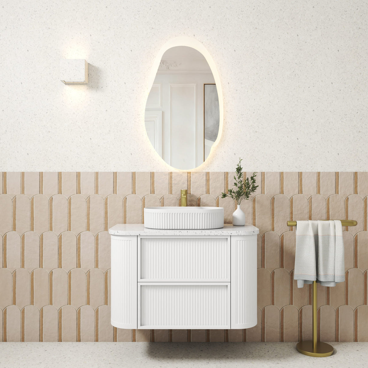 Ramee 900mm Matte White Wall Hung Vanity - Fluted front view