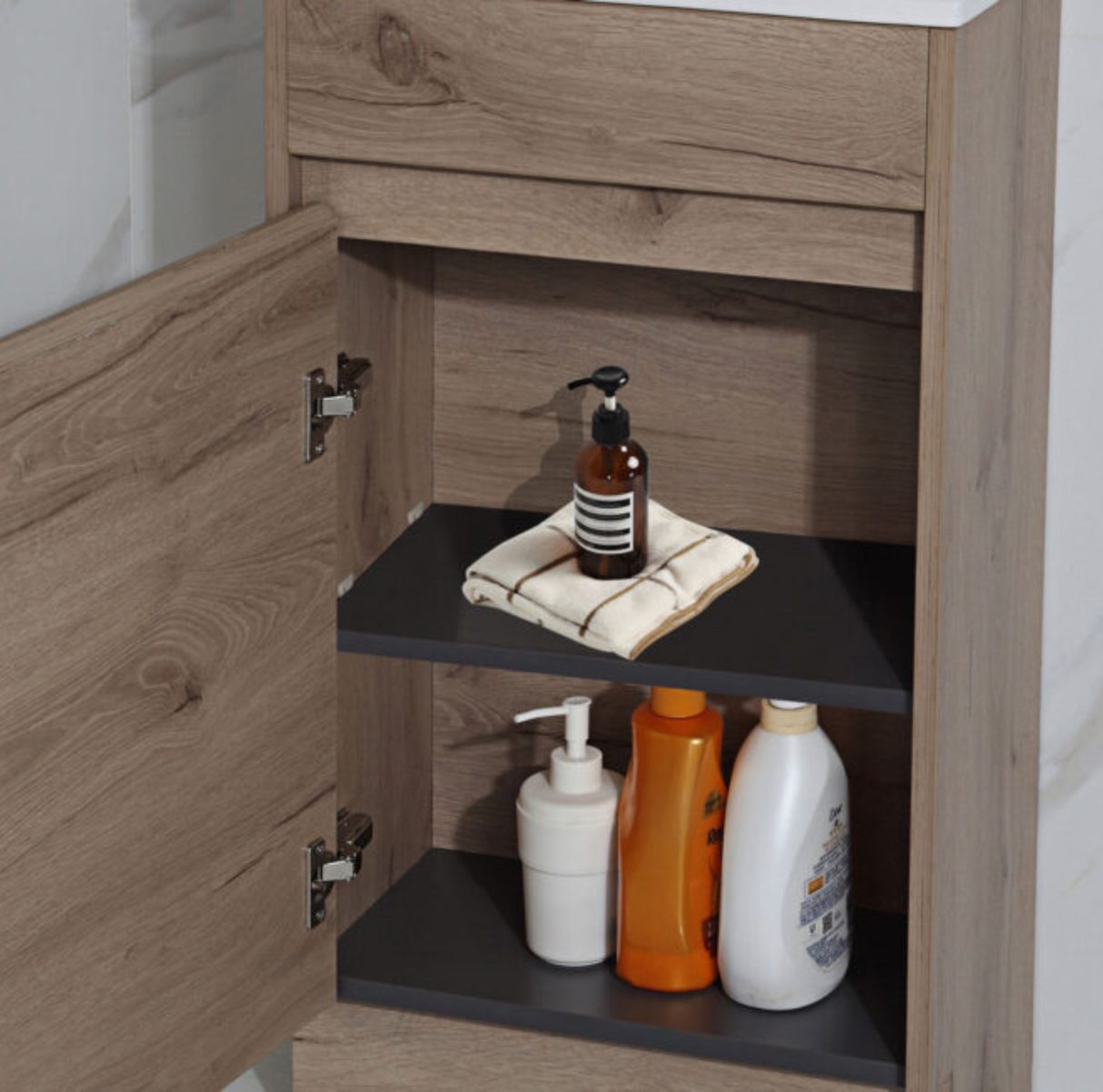 open oak wall hung vanity filled with bathroom essentials