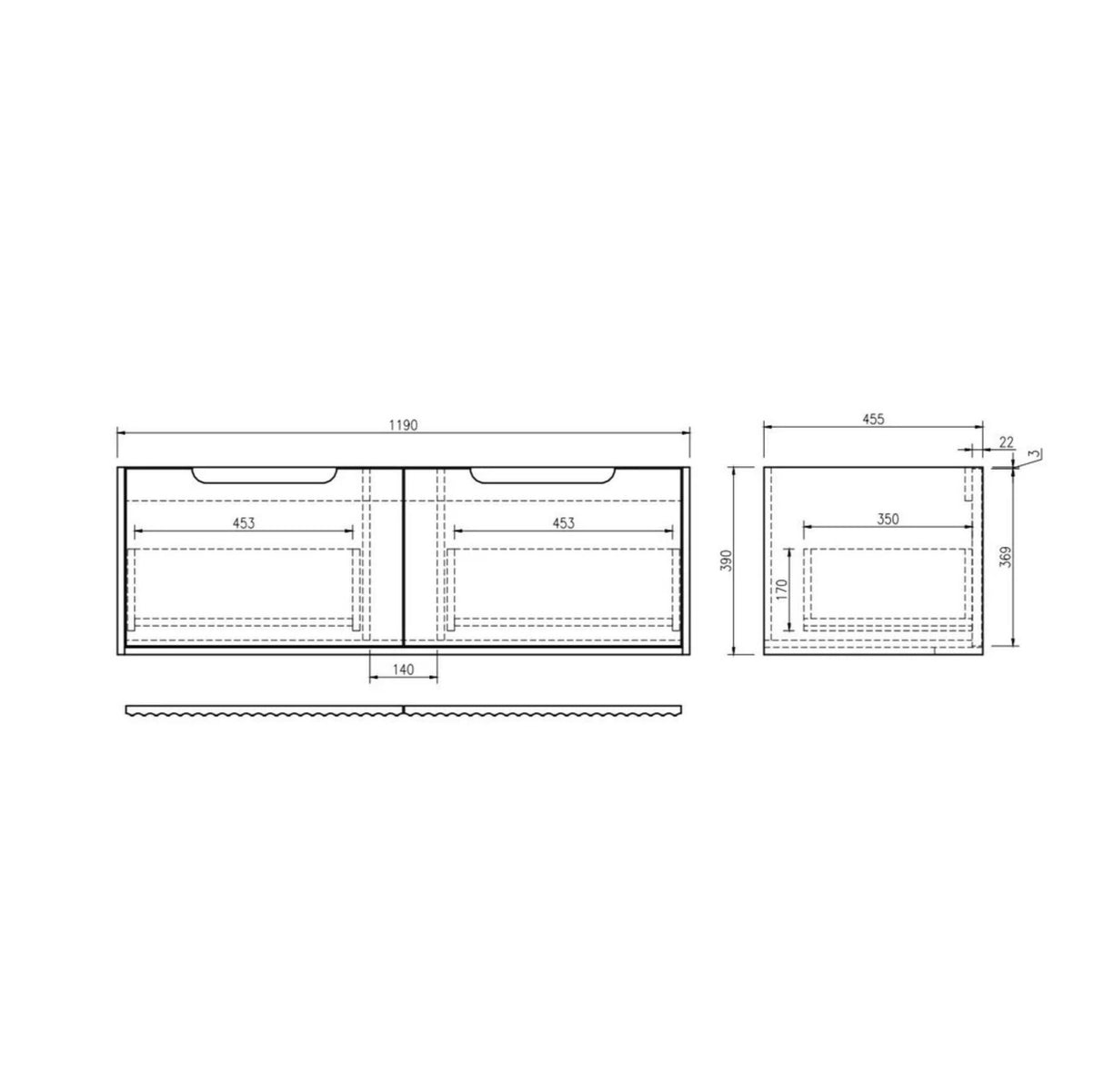 Technical drawing of a bathroom vanity with dimensions