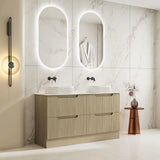 Bathroom vanity with two sinks, mirrors, and decorative elements in a modern setting.
