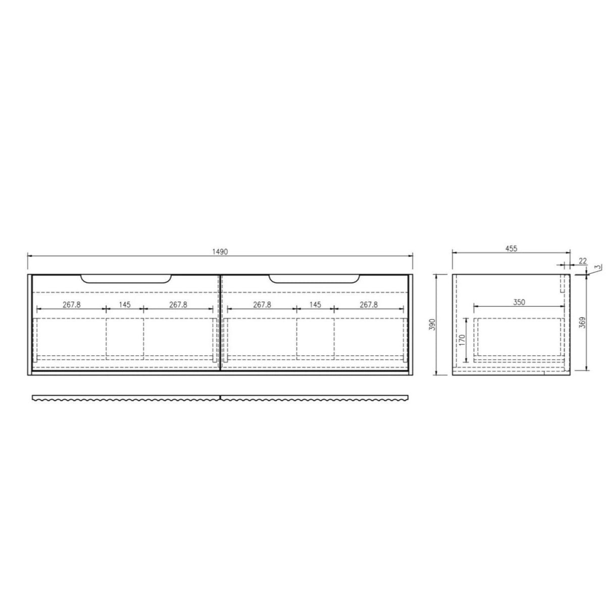 Technical drawing of a bathroom vanity with dimensions on a white background