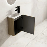 Bathroom vanity with open cabinet door, black faucet, and white sink.