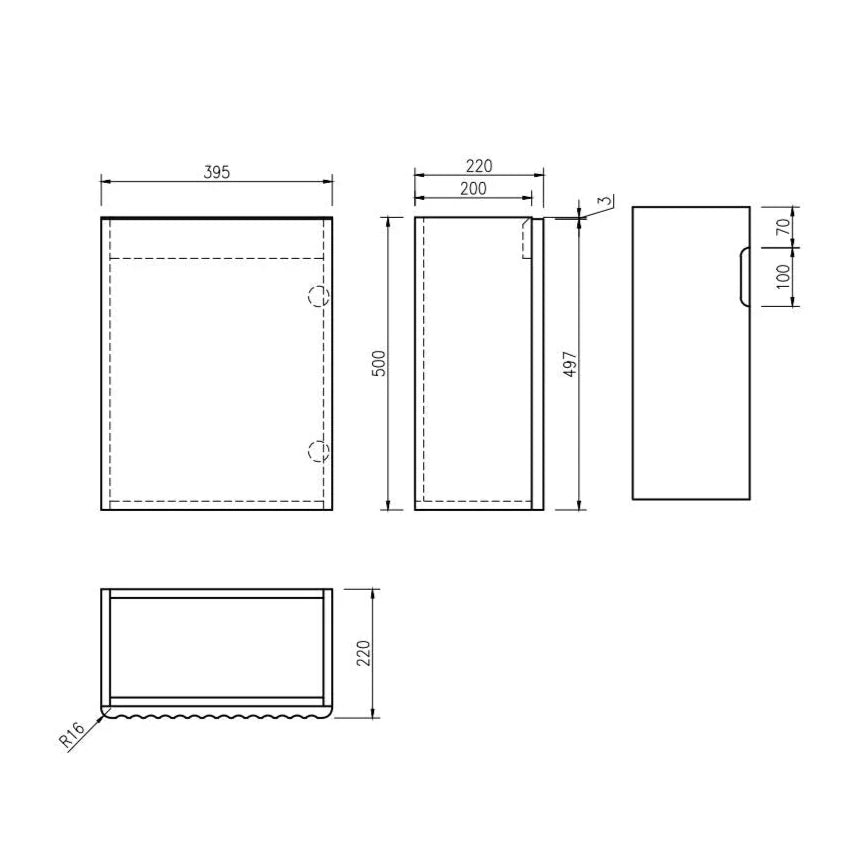 Technical drawing of a vanity layout with dimensions
