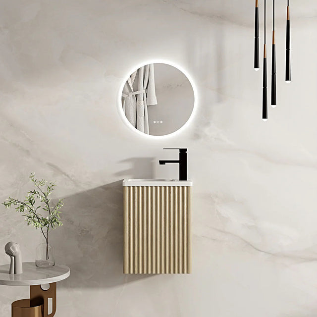 Modern bathroom setup with a wall-mounted vanity and round mirror.