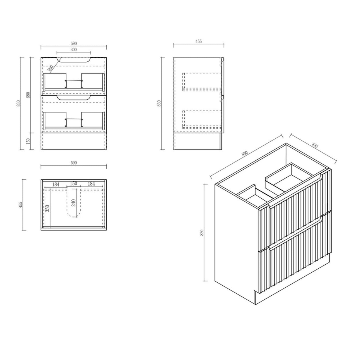 Technical drawing of a bathroom vanity with dimensions