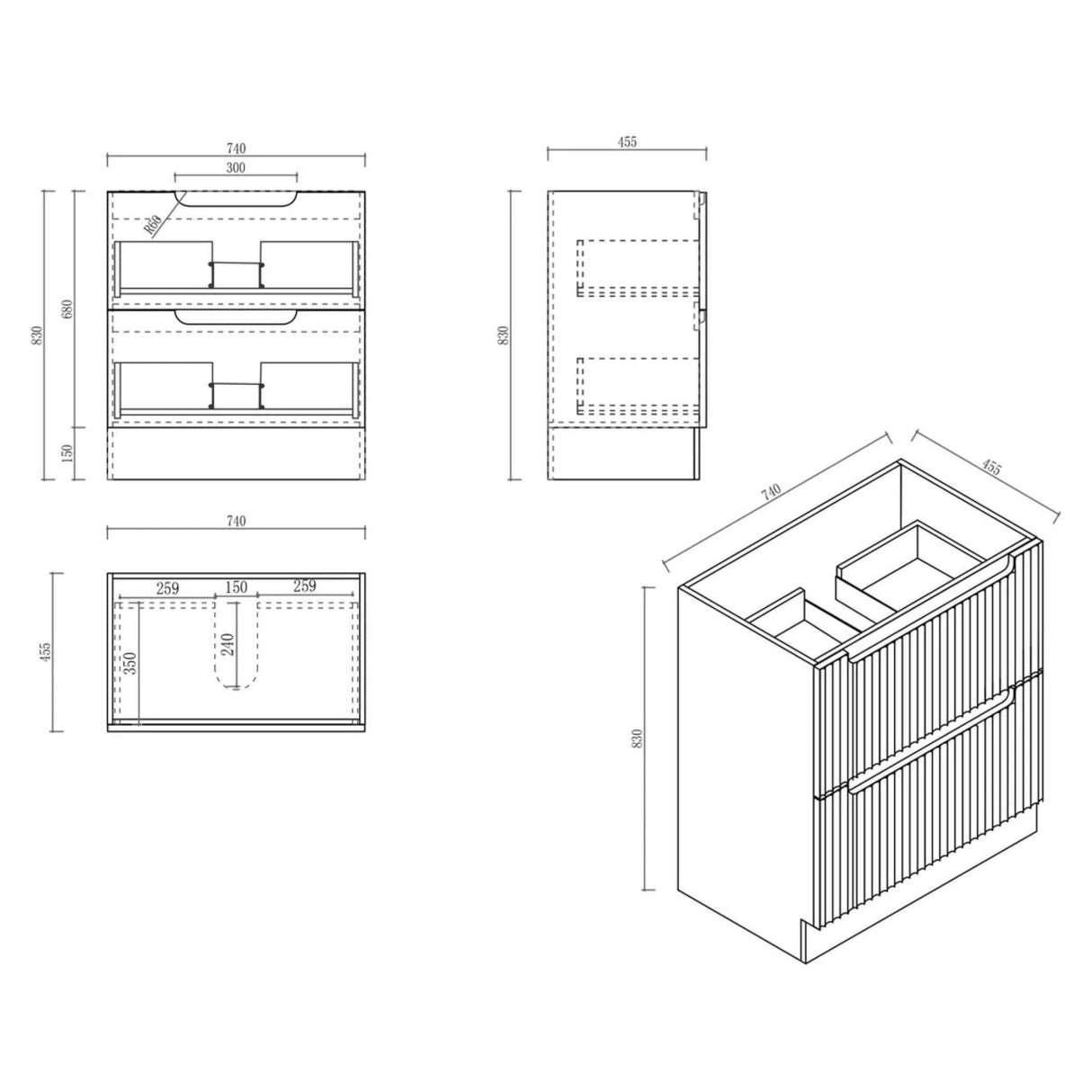 Technical drawing of a bathroom vanity with dimensions