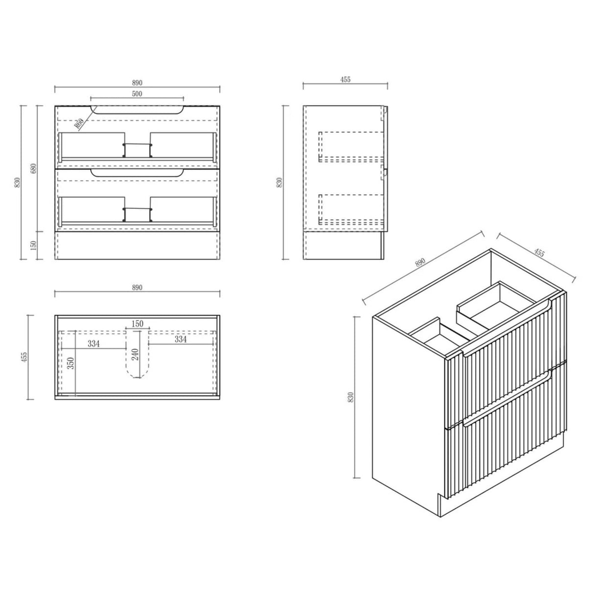 Technical drawing of a bathroom vanity unit with dimensions
