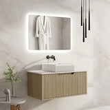 Modern bathroom with a wooden vanity, sink, and illuminated mirror.