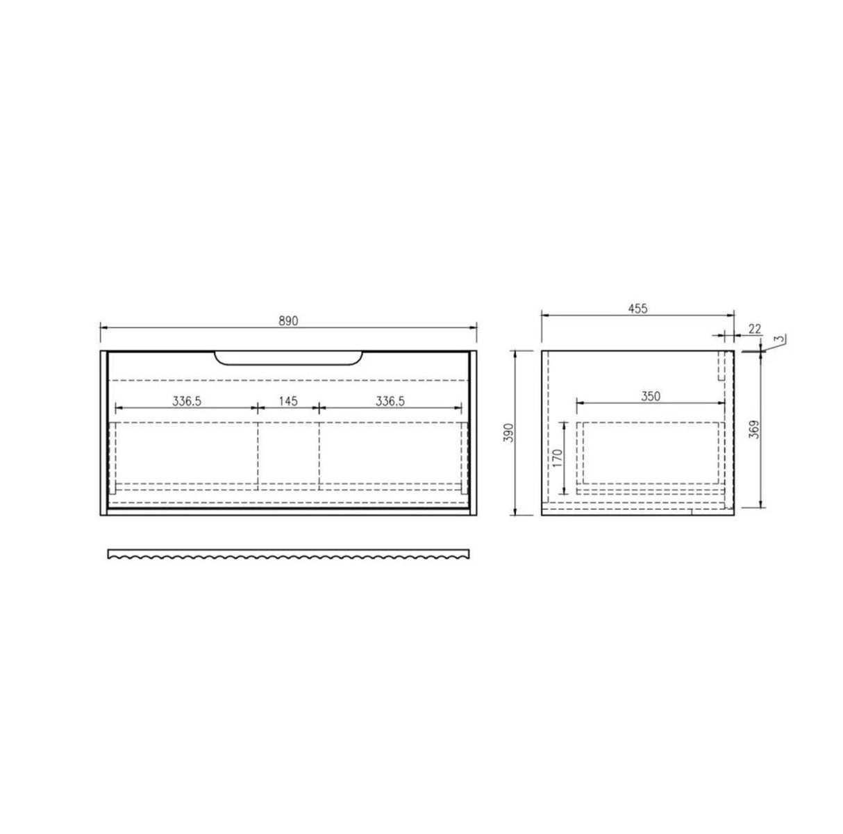 Technical drawing of a bathrom vanity with dimensions labeled