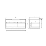 Technical drawing of a bathrom vanity with dimensions labeled