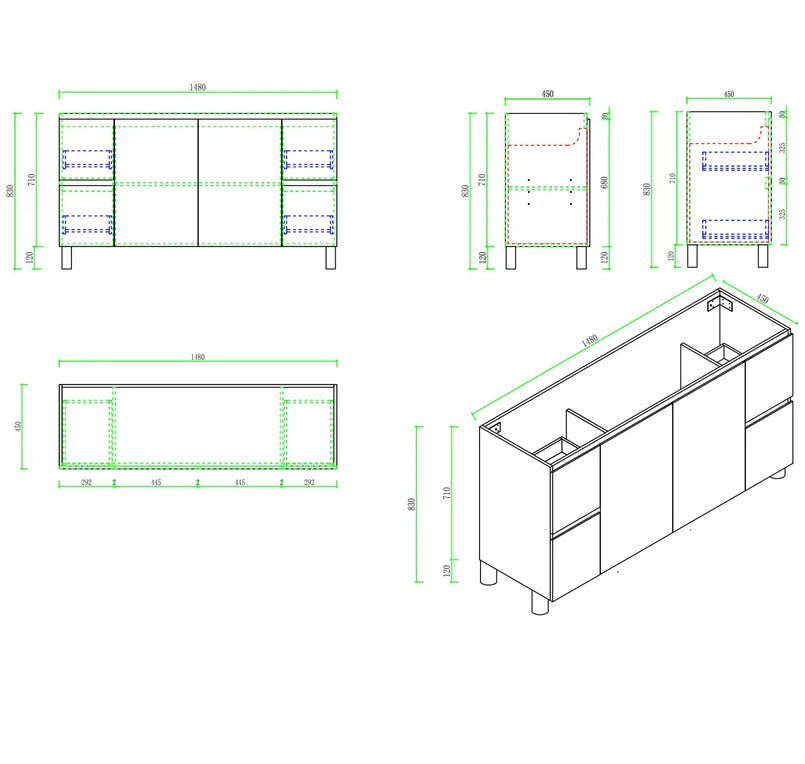 Technical drawings of a kitchen cabinet layout on a white background