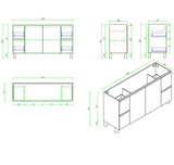 Technical drawings of a kitchen cabinet layout on a white background