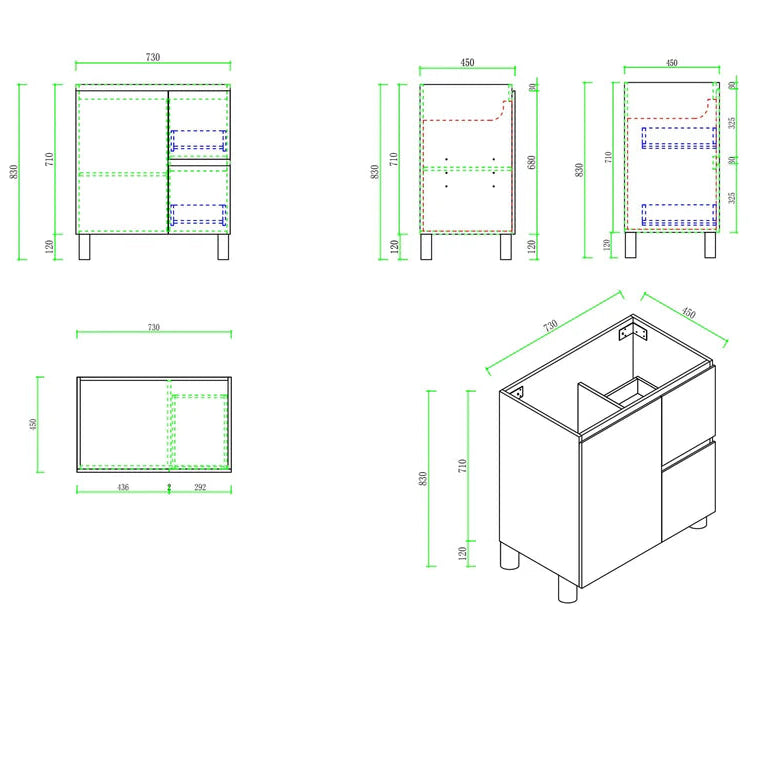 Technical drawings of a bathroom vanity setup on a white background