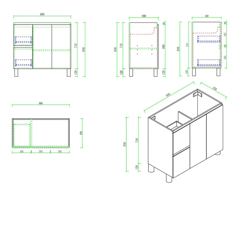 Technical drawing of a bathroom vanity with dimensions