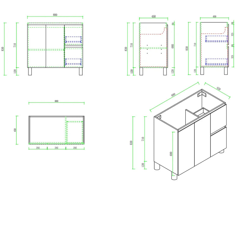Technical drawings of a bathroom vanity with dimensions on a white background