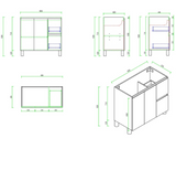 Technical drawings of a bathroom vanity with dimensions on a white background