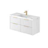Bathroom vanity with white countertop and gold fixtures on a white background