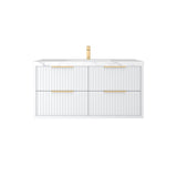 White bathroom vanity with gold fixtures on a white background