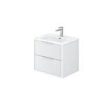 White bathroom vanity with sink and faucet on a white background