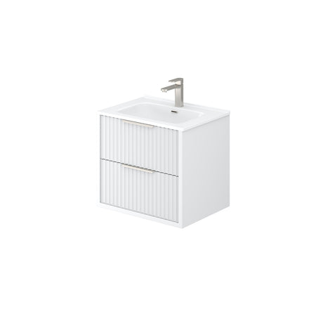 White bathroom vanity with sink and faucet on a white background