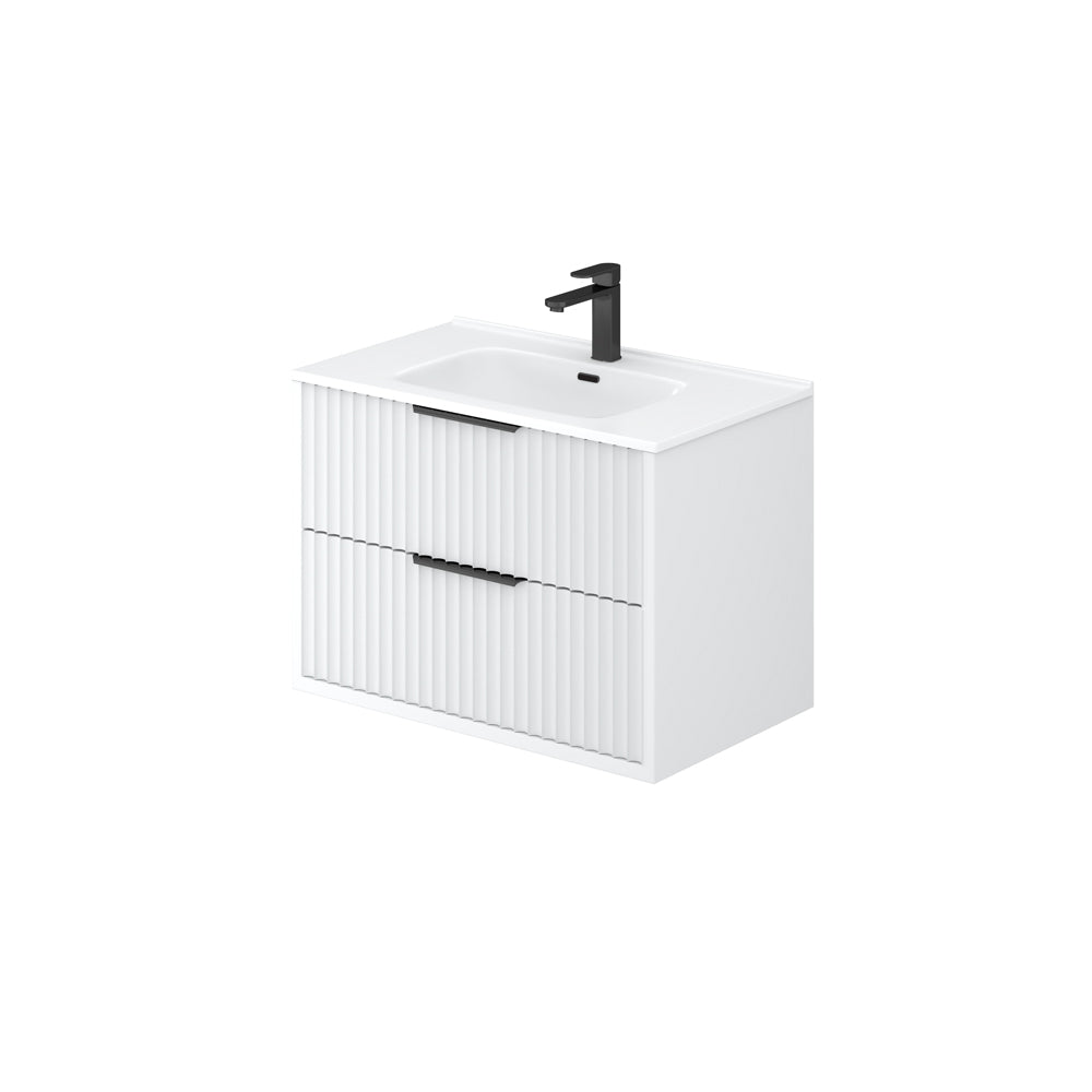 White bathroom vanity with black faucet on a white background