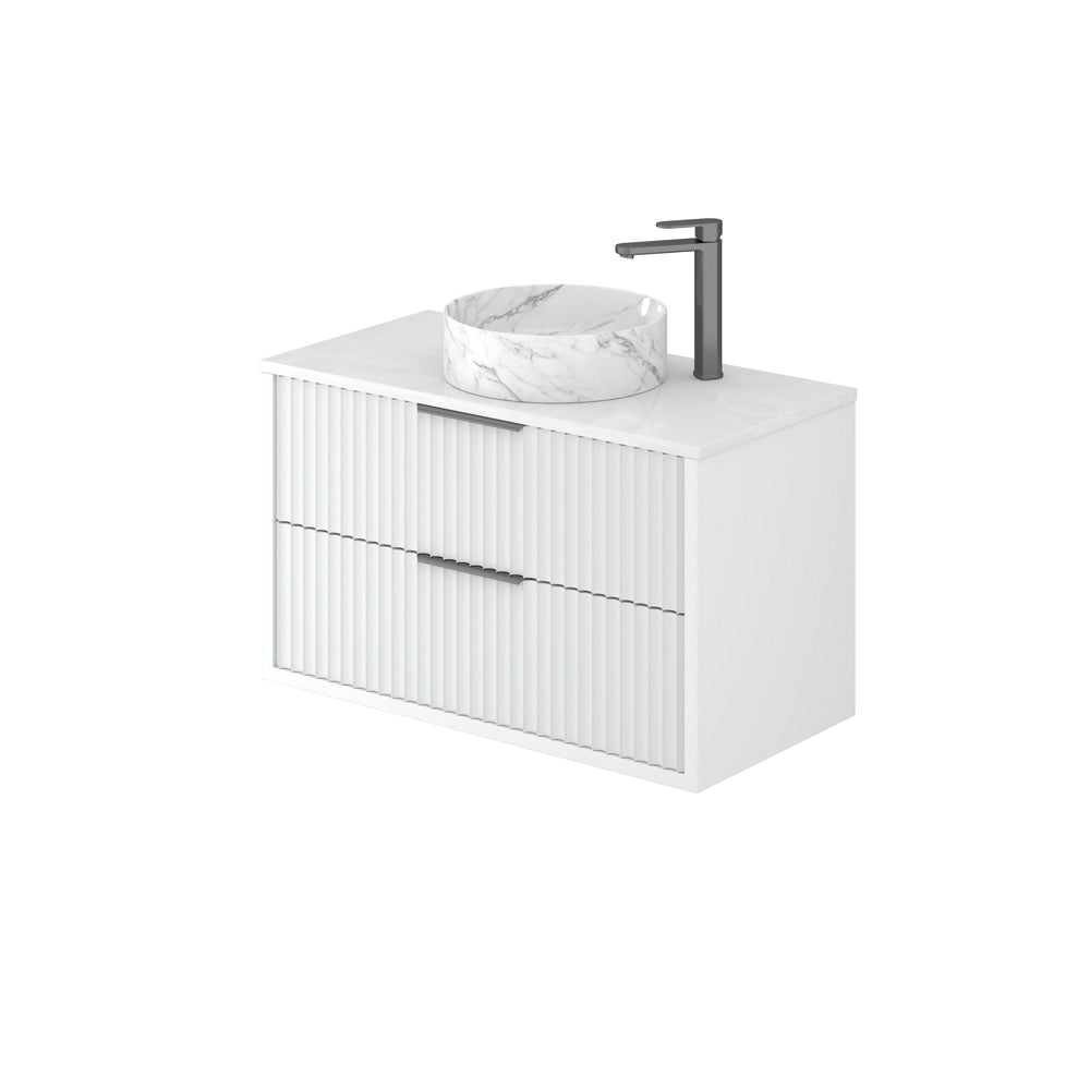White bathroom vanity with sink and faucet on a white background