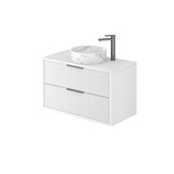 White bathroom vanity with sink and faucet on a white background