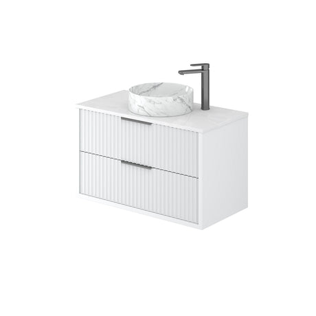 White bathroom vanity with sink and faucet on a white background